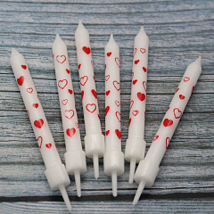 Свечи с сердечками, С Держателем, Белый, 9 см, 6 шт.